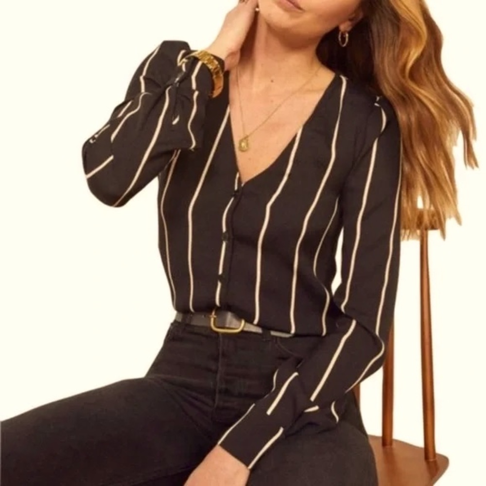 Reformation Annalise Sinatra Stripe Button Down Blouse in Black White XS